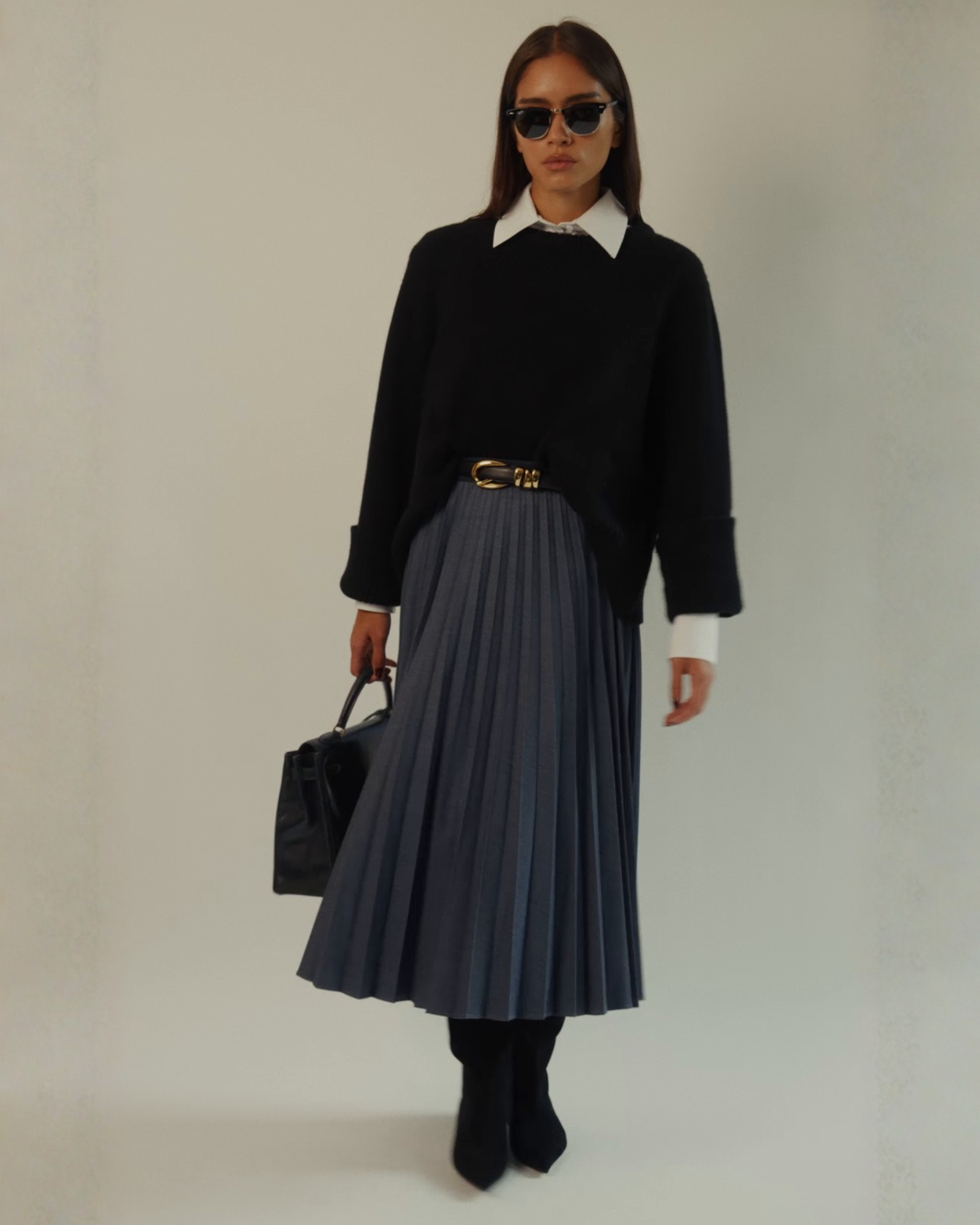 Marilyn Accordion-Pleated Midi Skirt in Denim