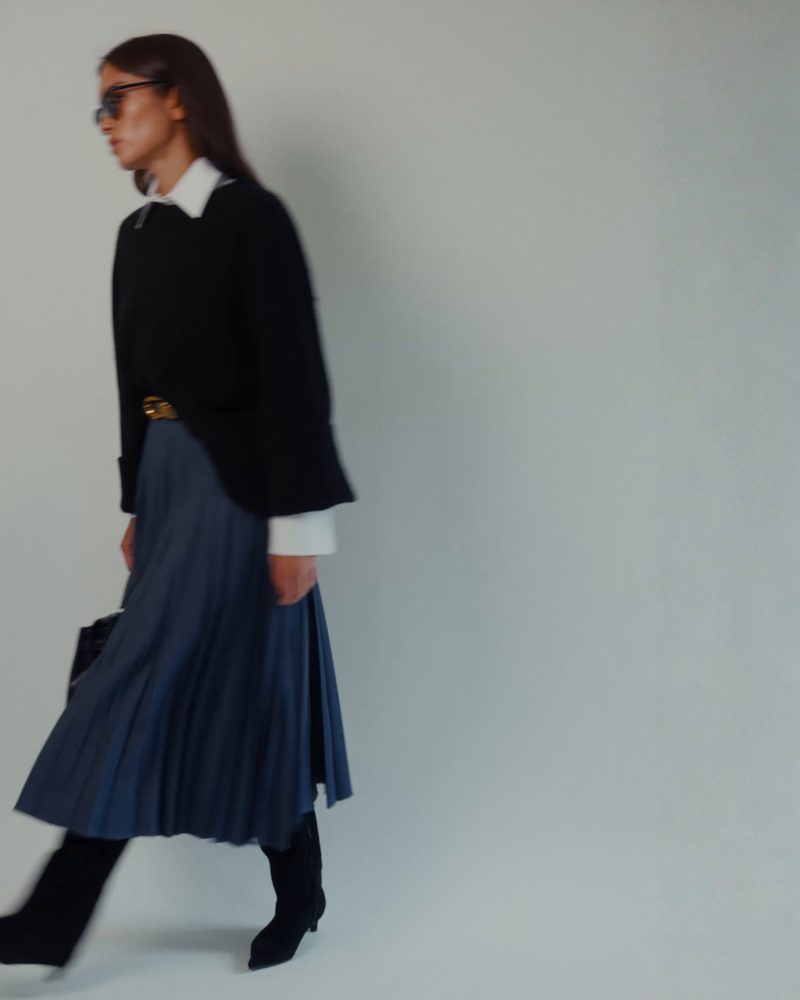 Marilyn Accordion-Pleated Midi Skirt in Denim