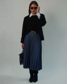 Marilyn Accordion-Pleated Midi Skirt in Denim