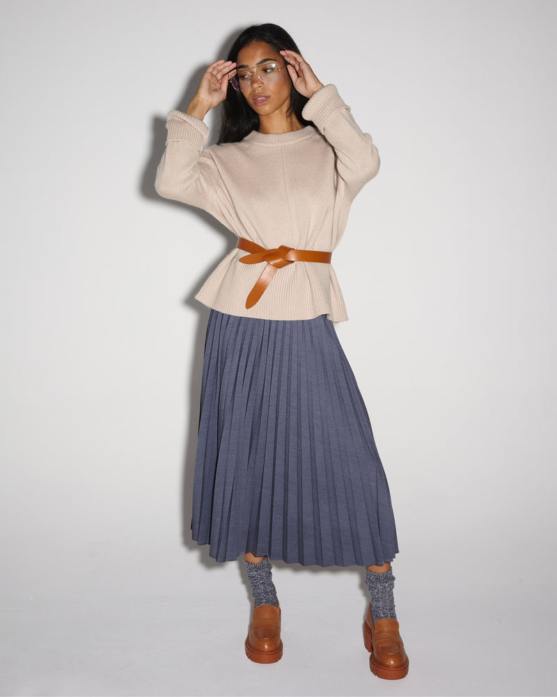 Marilyn Accordion-Pleated Midi Skirt in Denim