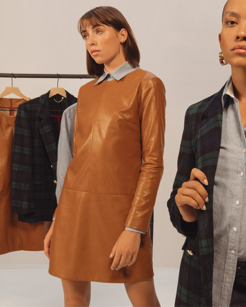 Twiggy Shift Dress in Caramel Faux Leather