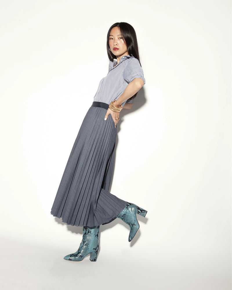 Marilyn Accordion-Pleated Midi Skirt in Denim