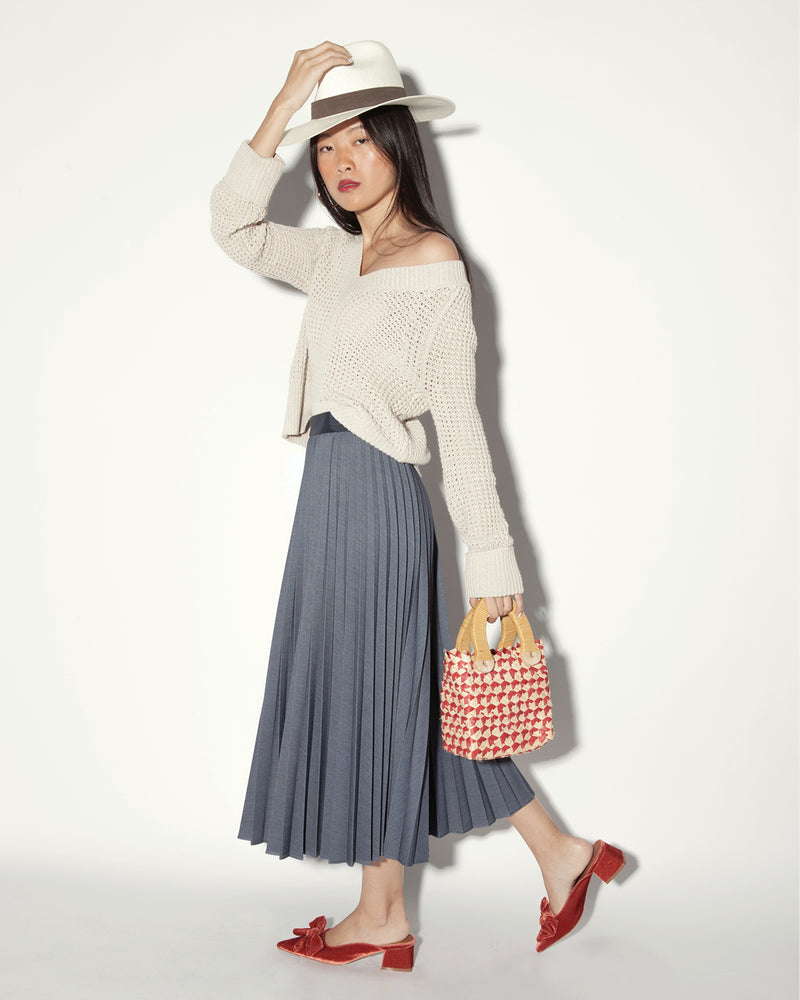 Marilyn Accordion-Pleated Midi Skirt in Denim