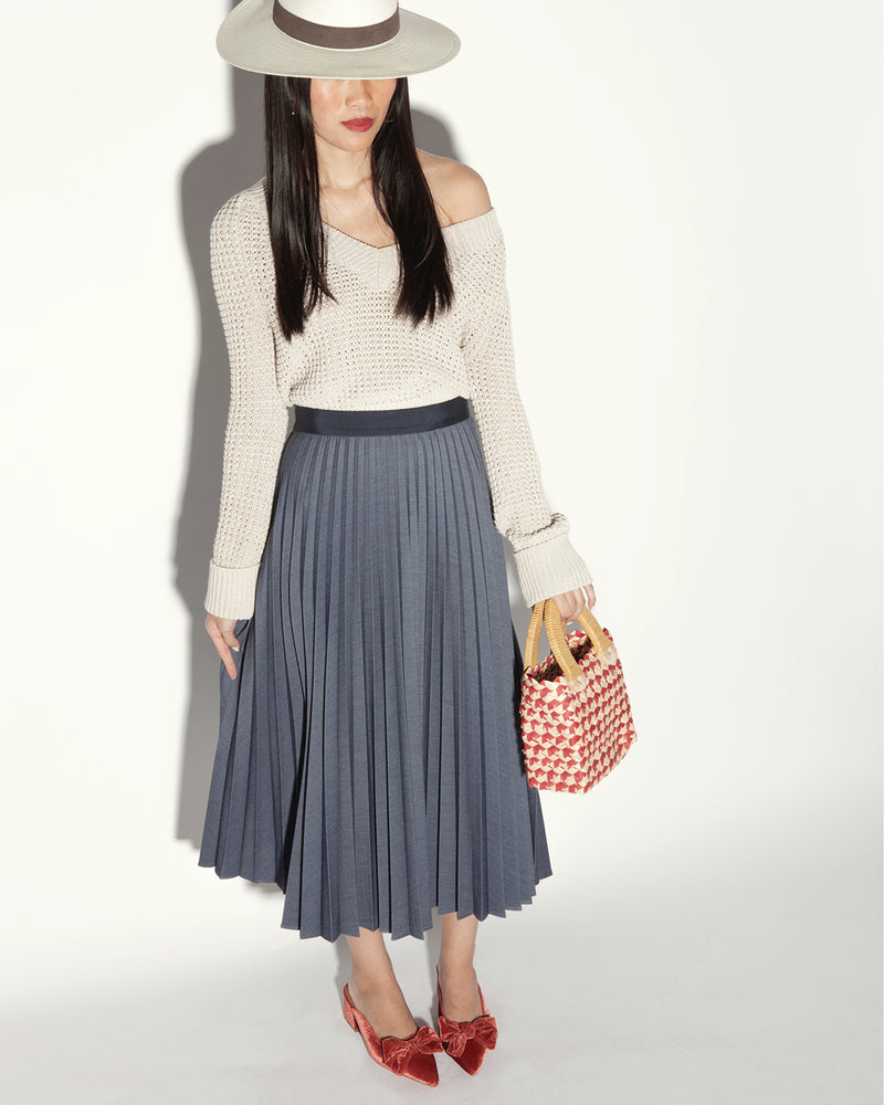 Marilyn Accordion-Pleated Midi Skirt in Denim